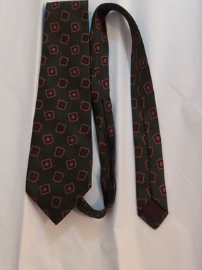 Valentino Dark Green Silk Tie with Burgundy Square Motif